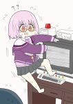  ? ashitaba_tomorou bow collared_shirt commentary_request computer desk flying_sweatdrops jacket lavender_hair off_shoulder pink-framed_eyewear purple_bow purple_jacket semi-rimless_eyewear shinjou_akane shirt ssss.gridman white_background white_shirt 