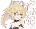  1girl :d black_leotard blonde_hair blue_eyes bowsette bracelet breasts capriccio character_name cleavage collar commentary_request crown dated eyebrows_visible_through_hair grin horns jewelry leotard looking_at_viewer super_mario_bros. new_super_mario_bros._u_deluxe nintendo open_mouth ponytail simple_background smile solo spiked_bracelet spiked_collar spikes super_crown upper_body white_background 