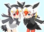 2girls ;p atlantic_puffin_(kemono_friends) bangs bird_tail black_gloves black_hair black_jacket black_scarf black_shirt black_skirt black_wings blonde_hair blush commentary_request eyebrows_visible_through_hair feathered_wings frilled_skirt frills gloves grey_eyes grey_wings hair_between_eyes hand_up head_wings index_finger_raised jacket kemono_friends leaning_forward long_sleeves multicolored_hair multiple_girls one_eye_closed open_clothes open_jacket pantyhose red_eyes red_legwear redhead scarf shin01571 shirt sidelocks skirt smile standing sweater_vest tongue tongue_out tufted_puffin_(kemono_friends) two-tone_hair white_gloves white_hair white_shirt white_skirt wings 
