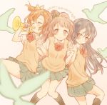  3girls bangs blue_hair closed_eyes cora_stt grey_hair hair_between_eyes hand_holding happy_birthday instrument interlocked_fingers kousaka_honoka long_hair looking_at_viewer love_live! love_live!_school_idol_project minami_kotori multiple_girls one_side_up orange_hair otonokizaka_school_uniform protected_link school_uniform sonoda_umi trumpet yellow_eyes 