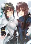  2girls absurdres akuta_hinako bangs black_dress black_gloves black_hair blue_shirt blush bodysuit breast_press breasts brown_hair bun_cover cape chinese_clothes consort_yu_(fate) double_bun dress ear_piercing elbow_gloves eyebrows_behind_hair fate/grand_order fate_(series) glasses gloves green_eyes green_ribbon gu_li hair_between_eyes hand_on_another&#039;s_hip highres jewelry large_breasts long_hair looking_at_viewer multiple_girls navel_cutout open_mouth outstretched_hand piercing qin_liangyu_(fate) red_eyes ribbon shirt short_hair smile strapless white_bodysuit white_cape 