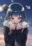  1girl bangs black_sweater blue_hair blurry blurry_background blush breath clenched_hands covering_mouth deadnooodles grey_scarf hands_up highres long_hair long_sleeves looking_at_viewer love_live! love_live!_sunshine!! night outdoors scarf side_bun solo sweater tsushima_yoshiko upper_body violet_eyes winter winter_clothes 