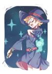  1girl :d belt blonde_hair closed_eyes cowboy_shot eyebrows_visible_through_hair freckles hand_on_own_chest hand_up hat highres holding hood hood_down hooded_robe little_witch_academia long_sleeves lotte_jansson open_mouth purple_hat purple_robe red-framed_eyewear round_teeth semi-rimless_eyewear short_hair smile solo standing tama_(tama-s) teeth under-rim_eyewear wand witch witch_hat 
