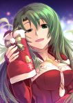  1girl boots breasts cecilia_(fire_emblem) christmas christmas_stocking coat fingerless_gloves fire_emblem fire_emblem:_fuuin_no_tsurugi fire_emblem_heroes gloves green_eyes green_hair highres holding jewelry large_breasts long_hair looking_at_viewer nakabayashi_zun necklace nintendo solo 