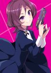  1girl absurdres aikatsu!_(series) aikatsu_stars! ashida_yuuri_(aikatsu!) bangs brown_hair commentary_request dress evil_grin evil_smile gothic_lolita grin gun hair_between_eyes handgun head_tilt highres holding holding_gun holding_weapon lipstick lolita_fashion long_sleeves looking_at_viewer magenta_background makeup nail_polish neck_ribbon partial_commentary pink_lipstick pistol raised_eyebrow ribbon shiny shiny_hair shooting_star short_hair smile solo trigger_discipline uneven_eyes upper_body violet_eyes wara_(warapro) weapon 