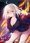  1girl ahoge bangs black_dress blue_coat blush breasts cleavage closed_mouth coat dress fate/grand_order fate_(series) fire fur-trimmed_coat fur_trim hair_between_eyes jeanne_d&#039;arc_(alter)_(fate) jeanne_d&#039;arc_(fate)_(all) jewelry large_breasts leaning_forward looking_at_viewer necklace obiwan open_clothes open_coat short_dress short_hair silver_hair smile solo thighs wicked_dragon_witch_ver._shinjuku_1999 yellow_eyes 