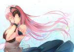  1girl bare_shoulders bit_(keikou_syrup) breasts cleavage closed_eyes commentary_request from_side hair_lift headphones headset large_breasts listening_to_music long_hair long_skirt megurine_luka navel pink_hair sideboob skirt standing tattoo very_long_hair vocaloid wrist_cuffs 