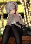  1girl admiral_graf_spee_(azur_lane) aran_sweater azur_lane bag bangs black_choker black_legwear black_skirt blue_eyes blurry blurry_background blush cellphone chin_rest choker christmas christmas_lights closed_mouth commentary_request depth_of_field feet_out_of_frame grey_hair grey_sweater hair_between_eyes head_tilt highres holding holding_phone jewelry kinokorec knees_together_feet_apart light long_sleeves looking_at_viewer miniskirt multicolored_hair pantyhose phone redhead ring short_hair shoulder_bag shoulder_cutout sidelocks sitting skirt sleeves_past_wrists smile solo streaked_hair sweater 