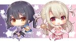  2girls bangs big_head black_hair boots brown_eyes chibi commentary_request detached_sleeves eyebrows_visible_through_hair fate/kaleid_liner_prisma_illya fate_(series) feathers hair_between_eyes hair_feathers hair_ornament holding holding_wand illyasviel_von_einzbern kaleidostick leotard light_brown_hair long_hair long_sleeves magical_ruby magical_sapphire miyu_edelfelt multiple_girls pink_feathers pink_footwear pink_legwear pink_shirt pink_sleeves pleated_skirt prisma_illya purple_legwear purple_leotard purple_sleeves shirt skirt sleeveless sleeveless_shirt star thigh-highs thigh_boots twintails twitter_username very_long_hair wand white_footwear white_skirt x_hair_ornament yukiyuki_441 