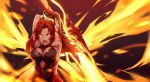  1girl absurdres armor armored_dress armpits arms_up aura bangs bare_shoulders bleeding blood breasts charging claymore_(sword) cleavage deep_wound dress fiery_wings fire floating_hair gloves glowing glowing_eyes highres holding holding_sword holding_weapon honkai_impact injury large_breasts light_particles long_hair looking_at_viewer murata_himeko open_mouth parted_bangs redhead shouting solo sword torn_clothes vermillion_knight weapon yellow_eyes yumuto_(spring1786) 