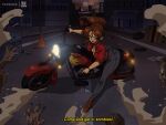  1990s_(style) 1girl akira blue_pants bluethebone brown_hair building cityscape claire_redfield english_text ground_vehicle gun holding holding_gun holding_weapon jacket long_hair motor_vehicle motorcycle night on_motorcycle outdoors pants parody ponytail red_jacket resident_evil resident_evil_2 retro_artstyle revolver riding short_sleeves traffic_cone weapon 