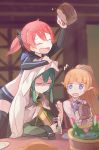  3girls arm_up beer_mug black_legwear black_shorts blue_eyes brown_hair cape clenched_hand closed_eyes cup dungeon_ni_deai_wo_motomeru_no_wa_machigatteiru_darou_ka green_hair hair_between_eyes hand_on_another&#039;s_head high_ponytail holding holding_cup indoors loki_(danmachi) long_hair long_sleeves midriff multiple_girls neck_ribbon open_mouth oto_(rozeko) pointy_ears ponytail purple_ribbon redhead ribbon riveria_ljos_alf shiny shiny_hair shirt short_shorts shorts sitting stomach sweatdrop thigh-highs very_long_hair white_cape white_shirt 