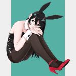  1girl animal_ears black_hair black_legwear black_leotard bunny_tail bunnysuit detached_collar full_body glasses green_eyes hands_on_own_knees high_heels kantai_collection leotard long_hair ojipon ooyodo_(kantai_collection) pantyhose rabbit_ears red_footwear red_neckwear semi-rimless_eyewear sitting solo strapless strapless_leotard tail two-tone_background under-rim_eyewear wrist_cuffs 