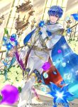  1boy blue_eyes blue_hair fire_emblem fire_emblem:_mystery_of_the_emblem fire_emblem_cipher flower formal full_body gloves groom looking_at_viewer male_focus marth nintendo official_art short_hair smile suit suzuki_rika tiara tuxedo white_gloves white_suit 