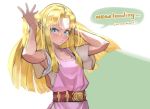  1girl absurdres angry blonde_hair blue_eyes blush dress highres long_hair looking_at_viewer nintendo pointy_ears princess_zelda simple_background solo super_smash_bros. super_smash_bros._ultimate the_legend_of_zelda the_legend_of_zelda:_a_link_between_worlds tying_hair uedrk_yamato white_background 