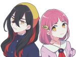  2girls arched_bangs black_hair blue_jacket blueberry_academy_school_uniform brown_eyes cardigan carmine_(pokemon) closed_mouth colored_inner_hair crossed_bangs hair_between_eyes hair_ornament hairband hairclip highres jacket lacey_(pokemon) long_hair looking_at_viewer mole mole_under_eye multicolored_hair multiple_girls pink_cardigan pink_hair pokemon pokemon_sv redhead school_uniform shinogo_no short_hair smile two-tone_hair upper_body white_background yellow_eyes yellow_hairband 