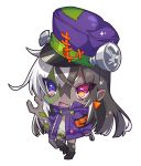  1girl :d armband bangs black_footwear black_hair black_legwear boots chibi crossed_bangs dark_skin eyebrows_visible_through_hair fang full_body hair_between_eyes hat heterochromia highres holding jacket long_sleeves looking_at_viewer multicolored_hair nail open_mouth original pointy_ears purple_hat purple_jacket red_eyes simple_background smile solo standing standing_on_one_leg stitches thigh-highs torn_clothes torn_legwear two-tone_hair violet_eyes westxost_(68monkey) white_background white_hair wrench 