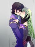  1boy 1girl 2017 black_gloves black_sleeves brown_hair c.c. code_geass couple detached_sleeves eye_contact gloves green_hair grey_neckwear hand_on_another&#039;s_hip highres hug imminent_kiss jacket lelouch_lamperouge long_hair long_sleeves looking_at_another parted_lips purple_jacket roman_buriki short_shorts shorts signature very_long_hair violet_eyes white_shorts yellow_eyes 