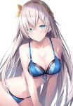  1girl all_fours anastasia_(fate/grand_order) bangs blue_bra blue_eyes blue_panties blush bra breasts cleavage collarbone eyebrows_visible_through_hair fate/grand_order fate_(series) groin hair_between_eyes hair_over_one_eye hairband highres lingerie long_hair looking_at_viewer navel panties parted_lips rin_yuu sidelocks silver_hair simple_background solo stomach underwear underwear_only very_long_hair white_background 