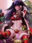  1girl absurdres alternate_costume artist_request bangle bikini black_hair boots bracelet breasts bridal_gauntlets cape christmas circlet cleavage fire_emblem fire_emblem:_kakusei fire_emblem_heroes fur_trim hat highres huge_filesize jewelry long_hair looking_at_viewer merry_christmas nintendo sack santa_costume santa_hat swimsuit tharja thigh-highs tiara two_side_up 