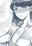  bangs blush bra breasts collared_shirt commentary embarrassed english_commentary eyebrows_visible_through_hair full-face_blush greyscale hews_hack highres komi-san_wa_komyushou_desu komi_shouko long_hair looking_at_viewer mole mole_on_breast monochrome nose_blush open_mouth shirt sketch tears underwear undressing upper_body wing_collar 