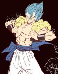  2boys abs arms_up baggy_pants belt black_background blue_eyes blue_hair broly_(dragon_ball_super) chest commentary_request dragon_ball dragon_ball_super dragon_ball_super_broly dragonball_z eyebrows_visible_through_hair gogeta grabbing grin looking_at_viewer male_focus multiple_boys muscle nipples open_clothes open_vest pants parted_lips pectorals shirtless short_hair simple_background smile smirk spiky_hair standing stomach super_saiyan_blue translated upper_body v-shaped_eyebrows vest waistcoat white_pants wristband 