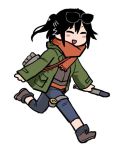  1girl :d black_hair blush casual closed_eyes eyewear_on_head full_body jacket kantai_collection long_sleeves one_side_up open_mouth pants running scarf sendai_(kantai_collection) simple_background smile solo sunglasses terrajin torpedo white_background 