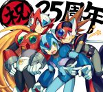  3boys android anniversary axl blonde_hair blue_eyes blush brown_hair capcom commentary_request gloves green_eyes hand_on_hip helmet iroyopon leg_up long_hair male_focus multiple_boys one_eye_closed open_mouth ponytail rockman rockman_x smile spiky_hair text_focus tongue tongue_out v very_long_hair white_background white_gloves x_(rockman) zero_(rockman) 