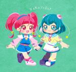  2girls :d ahoge aqua_hair blue_eyes blunt_bangs blush chibi green_background hagoromo_lala hair_ornament hairband holding_hands hoppetoonaka3 hoshina_hikaru jewelry magical_girl multiple_girls necklace open_mouth pink_eyes pink_hair precure romaji_text short_hair smile star-shaped_pupils star_(symbol) star_twinkle_precure symbol-shaped_pupils twintails 