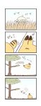  4koma batta_(ijigen_debris) black_hair chibi comic commentary_request creature grey_hat hat_feather helmet highres jumping kaban_(kemono_friends) kemono_friends parody pith_helmet serval_(kemono_friends) translation_request tree 