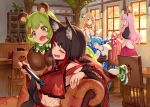  5girls :3 :d absurdres animal_ear_fluff animal_ears armchair bare_shoulders bear_ears bear_hair_ornament black_hair blanket blonde_hair brown_eyes chair closed_eyes commentary_request cup cutlery detached_sleeves eyebrows_visible_through_hair fox_ears gloves green_eyes green_hair hair_ornament hairclip haneru_channel haneru_inaba highres hinokuma_ran holding inari_kuromu indoors izumi_sai japanese_clothes kimono long_hair long_sleeves multicolored_hair multiple_girls nintendo_switch one_eye_closed open_mouth paw_gloves paw_print paws pink_hair plant plate potted_plant puffy_short_sleeves puffy_sleeves red_eyes red_kimono red_skirt sailor_collar saliva shoes short_sleeves sitting skirt sleeping smile smug sneakers souya_ichika streaked_hair teacup thick_eyebrows tray umori_hinako vest white_vest window 