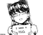  1girl acefish animal_ears black_hair cat_ears crying holding holding_sign komi-san_wa_komyushou_desu komi_shouko long_hair looking_at_viewer sign smile white_background 