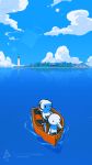  :&gt; blue_sky boat clouds erica_june_lahaie highres house lens_flare lighthouse minit_(game) mountain reflection signature sky sun sword tree watercraft watermark weapon web_address 