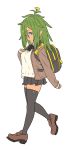  1girl backpack bag black_neckwear black_ribbon black_skirt blue_eyes brown_footwear brown_jacket collared_shirt flower from_side green_hair hair_between_eyes hair_flower hair_ornament jacket loafers long_hair long_sleeves looking_at_viewer messy_hair nagisa_kurousagi neck_ribbon original parted_lips plant_girl pleated_skirt pointy_ears ribbon shirt shoes simple_background skirt sleeves_past_wrists solo thigh-highs white_background white_shirt wing_collar yellow_flower zettai_ryouiki 