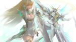  1girl armor badluck bangs blonde_hair breasts cleavage cleavage_cutout covered_navel dress earrings gem gloves headpiece highres mythra_(xenoblade) jewelry large_breasts long_hair nintendo robot simple_background spoilers swept_bangs thigh_strap tiara xenoblade_(series) xenoblade_2 yellow_eyes 