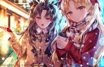  2girls absurdres bag blonde_hair blurry blurry_background bow brown_bow brown_coat brown_hair brown_scarf cellphone closed_mouth coat coffee_cup commentary_request cup depth_of_field disposable_cup duffel_coat earrings ereshkigal_(fate/grand_order) fate/grand_order fate_(series) fingernails fringe_trim hair_bow head_tilt highres holding holding_cellphone holding_cup holding_phone hoop_earrings ishtar_(fate/grand_order) jewelry junpaku_karen long_hair multiple_girls open_mouth paper_bag phone pixiv_id plaid plaid_scarf red_bow red_coat red_eyes scarf shopping_bag smile tiara two_side_up upper_body very_long_hair 