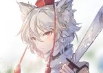  1girl absurdres animal_ear_fluff animal_ears bangs bare_shoulders blurry blurry_background closed_mouth frown hair_between_eyes hat highres holding holding_sword holding_weapon inubashiri_momiji looking_at_viewer looking_to_the_side red_eyes red_hat sanpaku shirt short_hair silver_hair sleeveless sleeveless_shirt solo sword tokin_hat touhou turtleneck unity_(ekvmsp02) upper_body v-shaped_eyebrows weapon white_shirt wolf_ears 