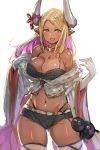  1girl bangs blonde_hair bow_(bhp) breasts camisole cape cleavage dark_skin draph elbow_gloves fur_trim gloves granblue_fantasy gyaru horns jewelry kuvira_(granblue_fantasy) large_breasts long_hair looking_at_viewer midriff multicolored_hair navel necklace open_mouth parted_bangs pointy_ears ribbon short_shorts shorts smile solo standing thigh-highs white_gloves yellow_eyes 