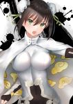  1girl :o bangs black_background black_gloves black_hair blush bodysuit breasts bun_cover cape cleavage cloud_print commentary_request covered_navel double_bun elbow_gloves eyebrows_visible_through_hair fate/grand_order fate_(series) fingerless_gloves frills gauntlets gloves green_eyes green_ribbon groin hair_between_eyes hair_ribbon head_tilt highres large_breasts open_mouth paint_splatter qin_liangyu_(fate) reuri_(tjux4555) ribbon short_hair sidelocks solo two-tone_background upper_body upper_teeth v-shaped_eyebrows white_background white_cape 