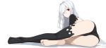  1girl absurdres bare_legs barefoot blue_hair closed_mouth commentary_request feet full_body highres long_hair lying mikoto_(oi_plus) no_shoes on_side original panties red_eyes shadow single_thighhigh soles thigh-highs toes underwear white_background 