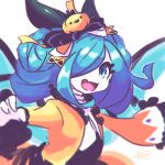  1girl :d black_bow blue_eyes blue_hair blurry blurry_foreground bow commentary_request cygames depth_of_field dragalia_lost eyelashes fang hair_bow hair_over_one_eye halloween halloween_costume jack-o&#039;-lantern jacket long_sleeves looking_at_viewer nintendo one_eye_covered open_mouth orange_jacket reiesu_(reis) signature silke_(dragalia_lost) simple_background smile solo upper_body white_background wings 
