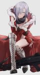 1girl absurdres alternate_costume ashita_kura blue_eyes blue_hair boots breasts christmas cleavage fingerless_gloves gift girls_frontline gloves hair_over_one_eye highres knee_boots knee_pads mg5 mg5_(girls_frontline) one_eye_covered sack santa_costume scarf smile solo 