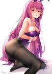  1girl absurdres animal_ears ass bangs bare_arms bare_shoulders black_legwear blush breasts bunnysuit chen_bin cleavage dated eyebrows_visible_through_hair eyes_visible_through_hair fake_animal_ears fate/grand_order fate_(series) from_side hairband highres leaning_to_the_side leotard long_hair looking_at_viewer medium_breasts no_shoes open_mouth pantyhose purple_hair purple_hairband purple_leotard rabbit_ears scathach_(fate)_(all) scathach_(fate/grand_order) signature simple_background sitting solo strapless strapless_leotard thighband_pantyhose upper_teeth very_long_hair violet_eyes white_background wrist_cuffs 