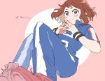  1girl bad_id bad_twitter_id blue_pants blue_shirt blush_stickers boku_no_hero_academia brown_eyes brown_hair closed_mouth highres looking_at_viewer monsieur own_hands_together pants pink_background pink_legwear shirt short_hair short_sleeves smile socks solo uraraka_ochako wristband 