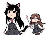  2girls :d animal_ears arashio_(kantai_collection) asashio_(kantai_collection) black_hair brown_hair cat_ears cat_tail cat_teaser closed_eyes dress kantai_collection long_hair long_sleeves lowres multiple_girls neck_ribbon open_mouth pinafore_dress remodel_(kantai_collection) ribbon simple_background smile solid_circle_eyes tail terrajin white_background 