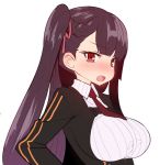  1girl bangs black_jacket blush braid breasts collared_shirt embarrassed eyebrows_visible_through_hair girls_frontline hair_ribbon hand_on_hip jacket large_breasts long_sleeves looking_at_viewer necktie nose_blush one_side_up open_mouth red_eyes red_neckwear red_ribbon redhead ribbon shirt simple_background solo sumiyao_(amam) upper_body wa2000_(girls_frontline) white_background white_shirt wing_collar 
