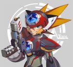  android axl brown_hair capcom green_eyes grey_background gun helmet holding holding_gun holding_weapon male_focus rockman rockman_x scar smile solo spiky_hair tentokki weapon 