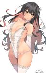 1girl bare_shoulders black_hair breasts detached_sleeves erect_nipples happa_(cloverppd) kantai_collection long_hair looking_at_viewer multicolored_hair naganami_(kantai_collection) pink_hair solo thighs underwear white_background white_legwear 