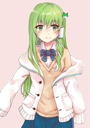  1girl alternate_costume blue_skirt blush bowtie buttons cardigan frog_hair_ornament green_eyes green_hair hair_tube kirisame_amane kochiya_sanae pink_background ribbon school_uniform snake_hair_ornament touhou vest 