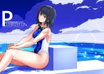  1girl barefoot black_hair blue_eyes blue_sky breasts clouds commentary_request competition_swimsuit day feet_out_of_frame goggles goggles_around_neck hands_on_own_knees highleg highleg_swimsuit lens_flare looking_at_viewer medium_breasts one-piece_swimsuit original outdoors pool sakuraidai short_hair sitting sky solo starting_block swimsuit two-tone_swimsuit wet wet_clothes wet_swimsuit 